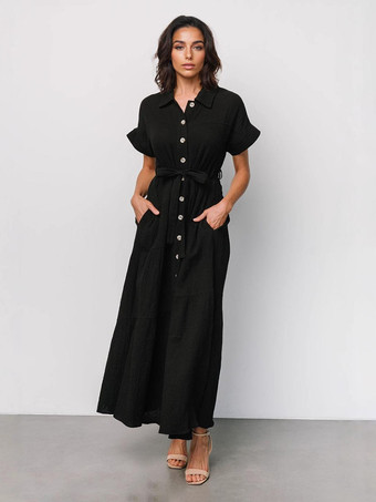 ブラック 半袖シャツカラーレイヤードマキシドレス（ベルト付き）2025