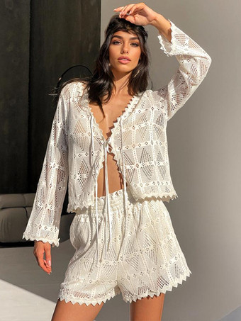 夏向けツーピースコーデセット 長袖Vネックトップスとルーズフィットショーツ 2025