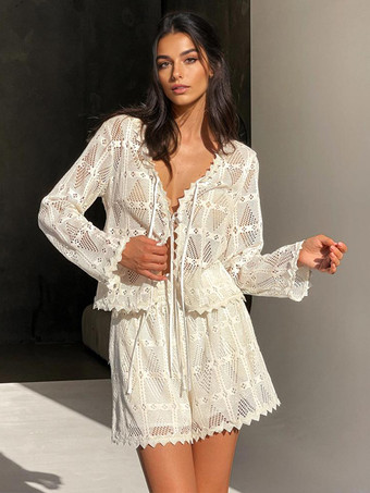 夏向けツーピースコーデセット 長袖Vネックトップスとルーズフィットショーツ 2025