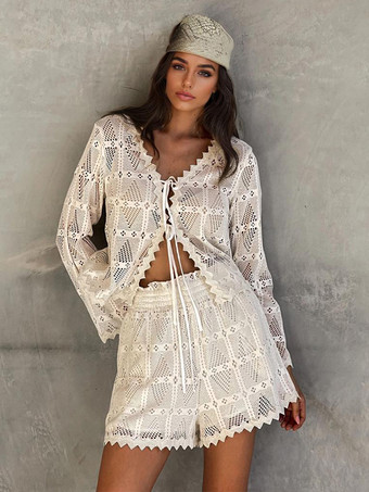 夏向けツーピースコーデセット 長袖Vネックトップスとルーズフィットショーツ 2025