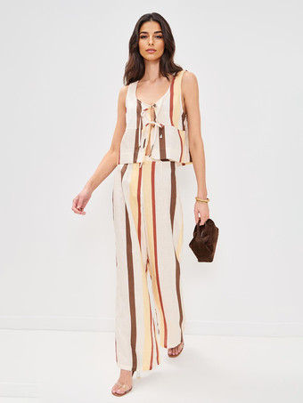 アイボリー ストライプ柄2ピースコーデセット ノースリーブトップスとルーズレッグパンツ 2025