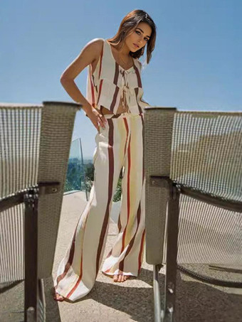 ストライプ柄2ピースコーデセット ノースリーブトップスとルーズレッグパンツ 2025