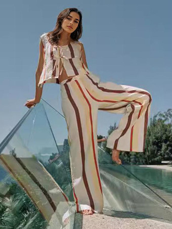 ストライプ柄2ピースコーデセット ノースリーブトップスとルーズレッグパンツ 2025