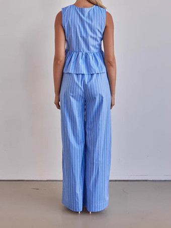 ブルーストライプの2ピースコーデセット ノースリーブトップスとルーズレッグパンツ 2026