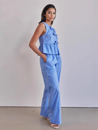 ブルーストライプの2ピースコーデセット ノースリーブトップスとルーズレッグパンツ 2026