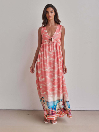 ピンク夢のような雲模様のノースリーブVネックマキシドレス 2025