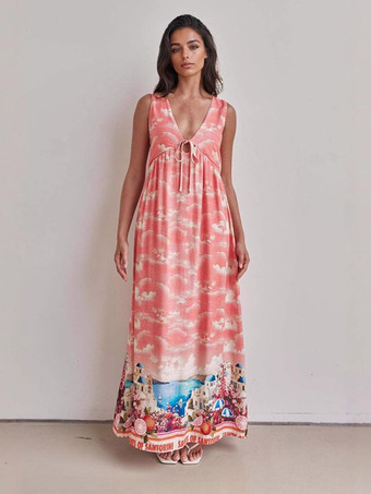 夢のような雲模様のノースリーブVネックマキシドレス 2025