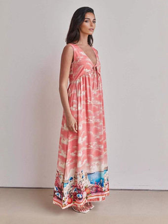 夢のような雲模様のノースリーブVネックマキシドレス 2025