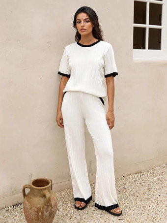 コントラストカラーの2ピースコーデセット 半袖トップスとワイドレッグパンツ 2025