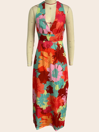 花柄Vネックノースリーブロングドレス 2025