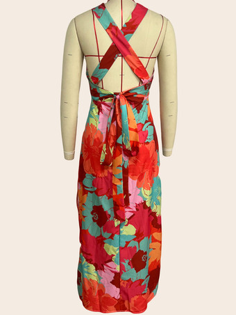 花柄Vネックノースリーブロングドレス 2025