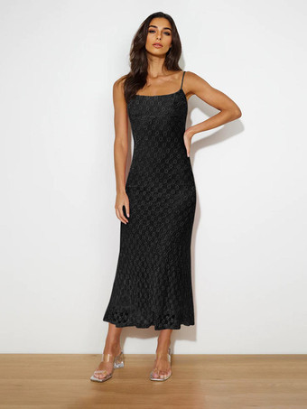 ブラック 2025年夏向けレースミディストラップドレス