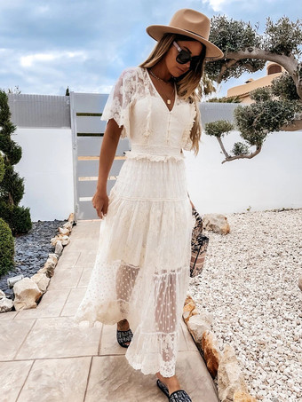 Vネックと半袖のホワイトレースボヘミアンマキシドレス 2026