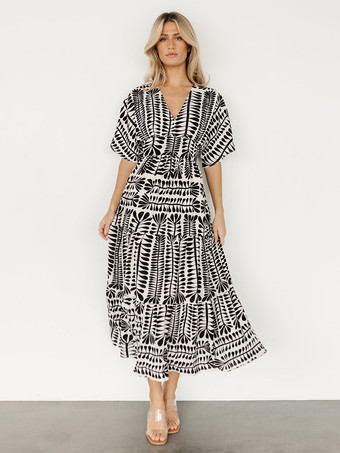 ブラック 2025年夏にぴったりのプリント柄半袖Vネックロングボヘミアンドレス