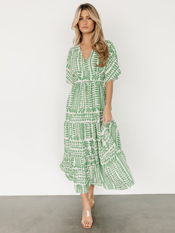 グリーン 2025年夏にぴったりのプリント柄半袖Vネックロングボヘミアンドレス