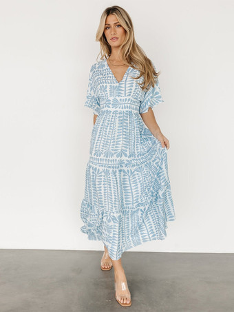 2025年夏にぴったりのプリント柄半袖Vネックロングボヘミアンドレス