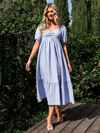 ブルー 2025年夏にぴったりのパフスリーブストライプミディワンピース