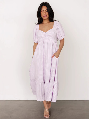 2025年夏にぴったりのパフスリーブストライプミディワンピース