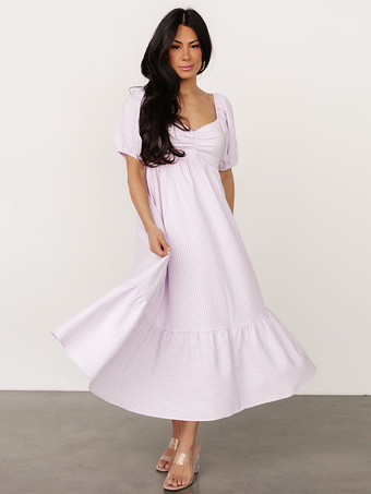 ラベンダーカラー2025年夏にぴったりのパフスリーブストライプミディワンピース