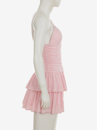 2025年夏にぴったりのソフトピンクのVネックルーシュミニスリップドレス