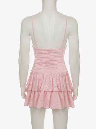 2025年夏にぴったりのソフトピンクのVネックルーシュミニスリップドレス