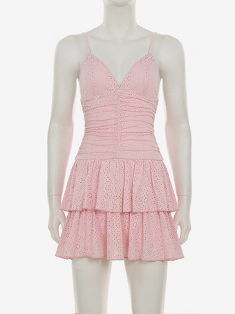 2025年夏にぴったりのソフトピンクのVネックルーシュミニスリップドレス