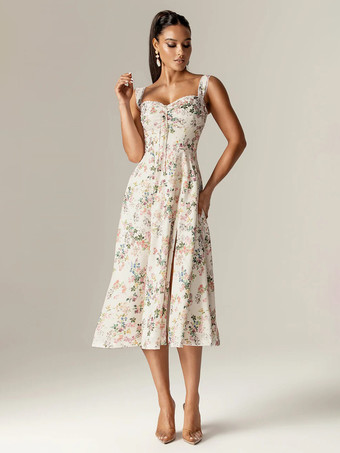 ハートネックとハイスリットが特徴的な花柄ミディドレス 2025