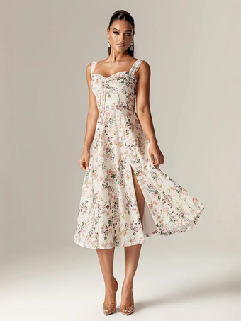 アイボリー ハートネックとハイスリットが特徴的な花柄ミディドレス 2025