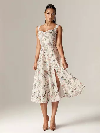 SATURDAYCLUB 花柄Vネックミディドレス 3D Floral Jacquard Sleeveless Dress – SaturdayClub International