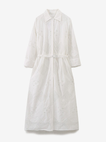 Weißes Midi-Hemdkleid mit hohem Schlitz und 3/4-Ärmeln 2025