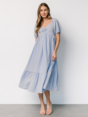 2025年夏にぴったりのパフスリーブストライプミディワンピース