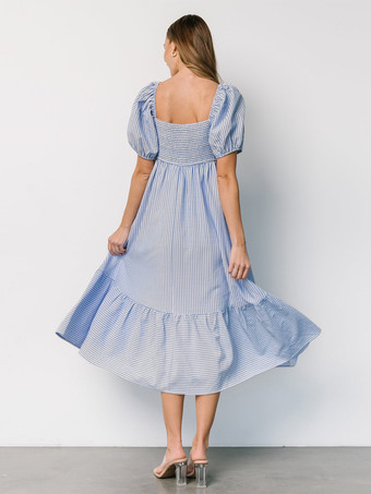 2025年夏にぴったりのパフスリーブストライプミディワンピース