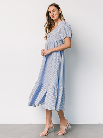 2025年夏にぴったりのパフスリーブストライプミディワンピース