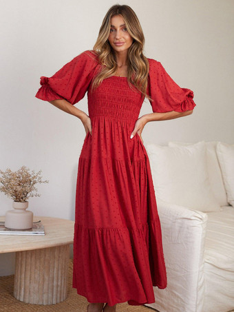 半袖とフリルが付いた水玉模様のシャーリングマキシドレス 2025