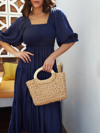 半袖とフリルが付いた水玉模様のシャーリングマキシドレス 2025