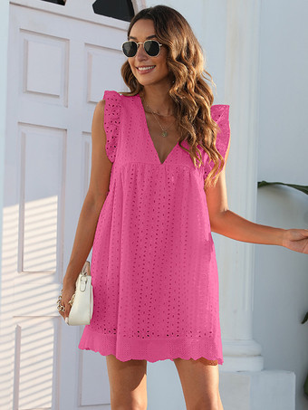 ローズレッドアイレットレースのフリルスリーブVネックミニシフトドレス（2026年夏）