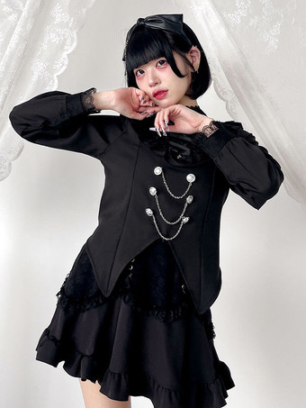 ゴシックロリータブラウスリボンレースハイカラーレーストリム長袖チェーン装飾シャツ