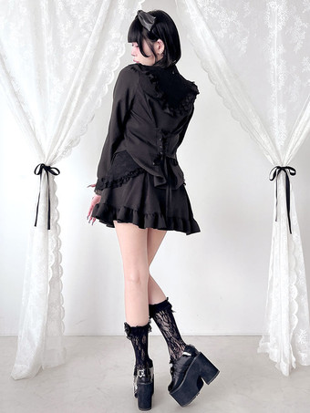 ゴシックロリータブラウスリボンレースハイカラーレーストリム長袖チェーン装飾シャツ
