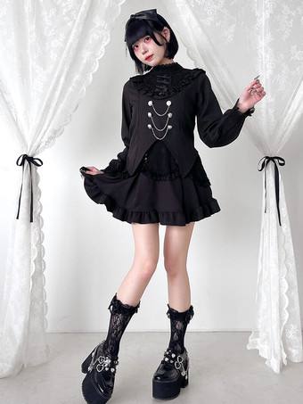 ゴシックロリータブラウスリボンレースハイカラーレーストリム長袖チェーン装飾シャツ