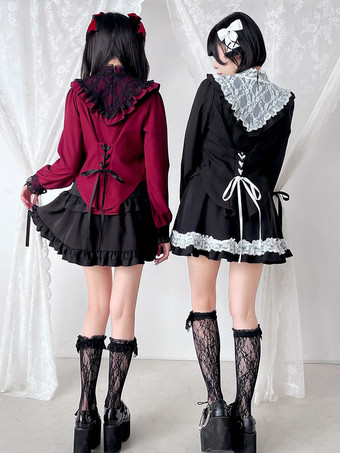 ゴシックロリータブラウスリボンレースハイカラーレーストリム長袖チェーン装飾シャツ