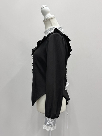 ゴシックロリータブラウスリボンレースハイカラーレーストリム長袖チェーン装飾シャツ