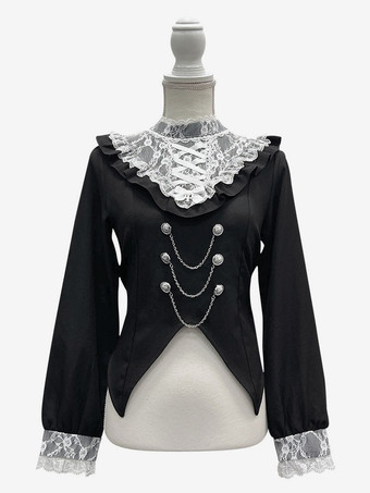 ホワイト ゴシックロリータブラウスリボンレースハイカラーレーストリム長袖チェーン装飾シャツ