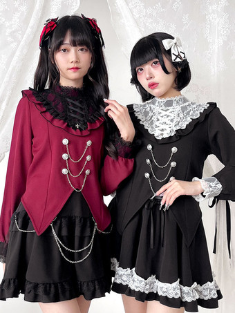 ゴシックロリータブラウスリボンレースハイカラーレーストリム長袖チェーン装飾シャツ