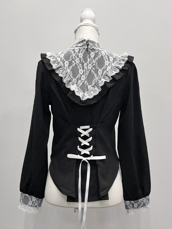 ゴシックロリータブラウスリボンレースハイカラーレーストリム長袖チェーン装飾シャツ