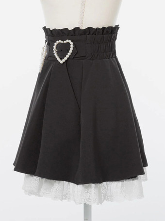 ロリータスカート フリル ハイウエスト パール装飾 ショートスカート レース裏地 プチピンク ミニスカート