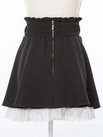 ロリータスカート フリル ハイウエスト パール装飾 ショートスカート レース裏地 プチピンク ミニスカート