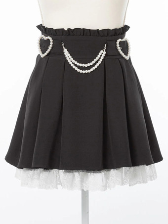 ロリータスカート フリル ハイウエスト パール装飾 ショートスカート レース裏地 プチピンク ミニスカート