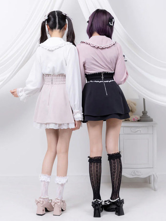 ロリータスカート フリル ハイウエスト パール装飾 ショートスカート レース裏地 プチピンク ミニスカート