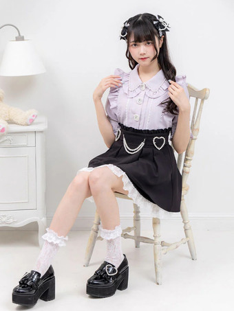 ロリータスカート フリル ハイウエスト パール装飾 ショートスカート レース裏地 プチピンク ミニスカート