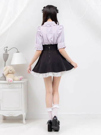 ロリータスカート フリル ハイウエスト パール装飾 ショートスカート レース裏地 プチピンク ミニスカート